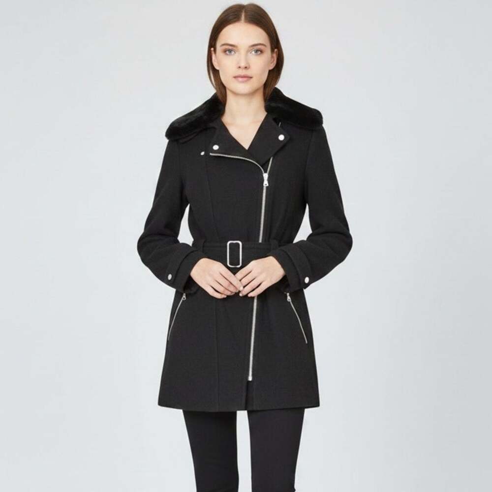 EXPRESS Women's Asymmetrical Zip Faux Fur Collar Wool Moto Coat Black Size M